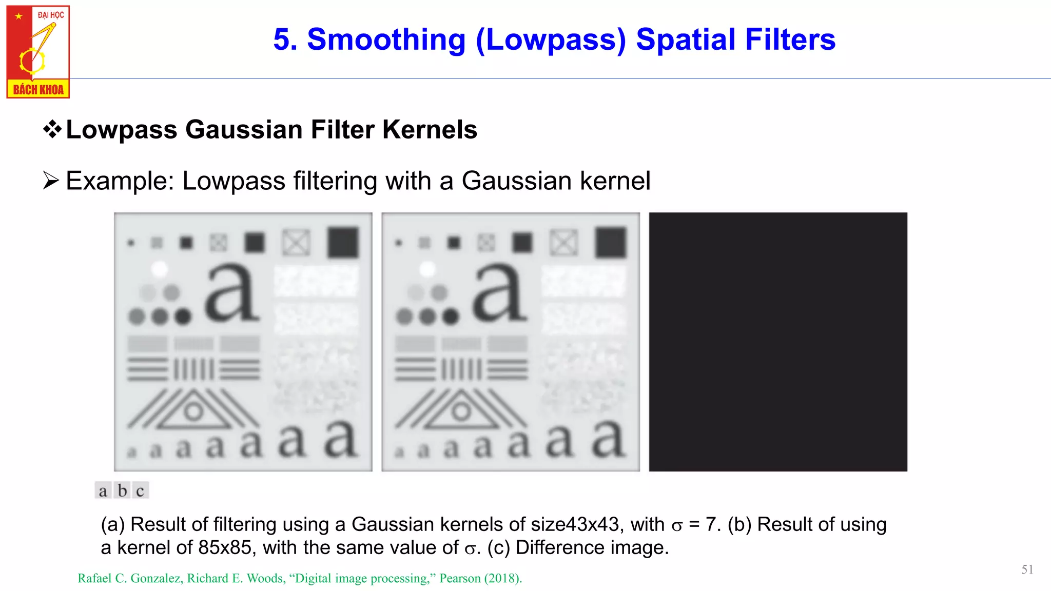 51
5. Smoothing (Lowpass) Spatial Filters
❖Lowpass Gaussian Filter Kernels
➢Example: Lowpass filtering with a Gaussian kernel
Rafael C. Gonzalez, Richard E. Woods, “Digital image processing,” Pearson (2018).
(a) Result of filtering using a Gaussian kernels of size43x43, with  = 7. (b) Result of using
a kernel of 85x85, with the same value of . (c) Difference image.
 