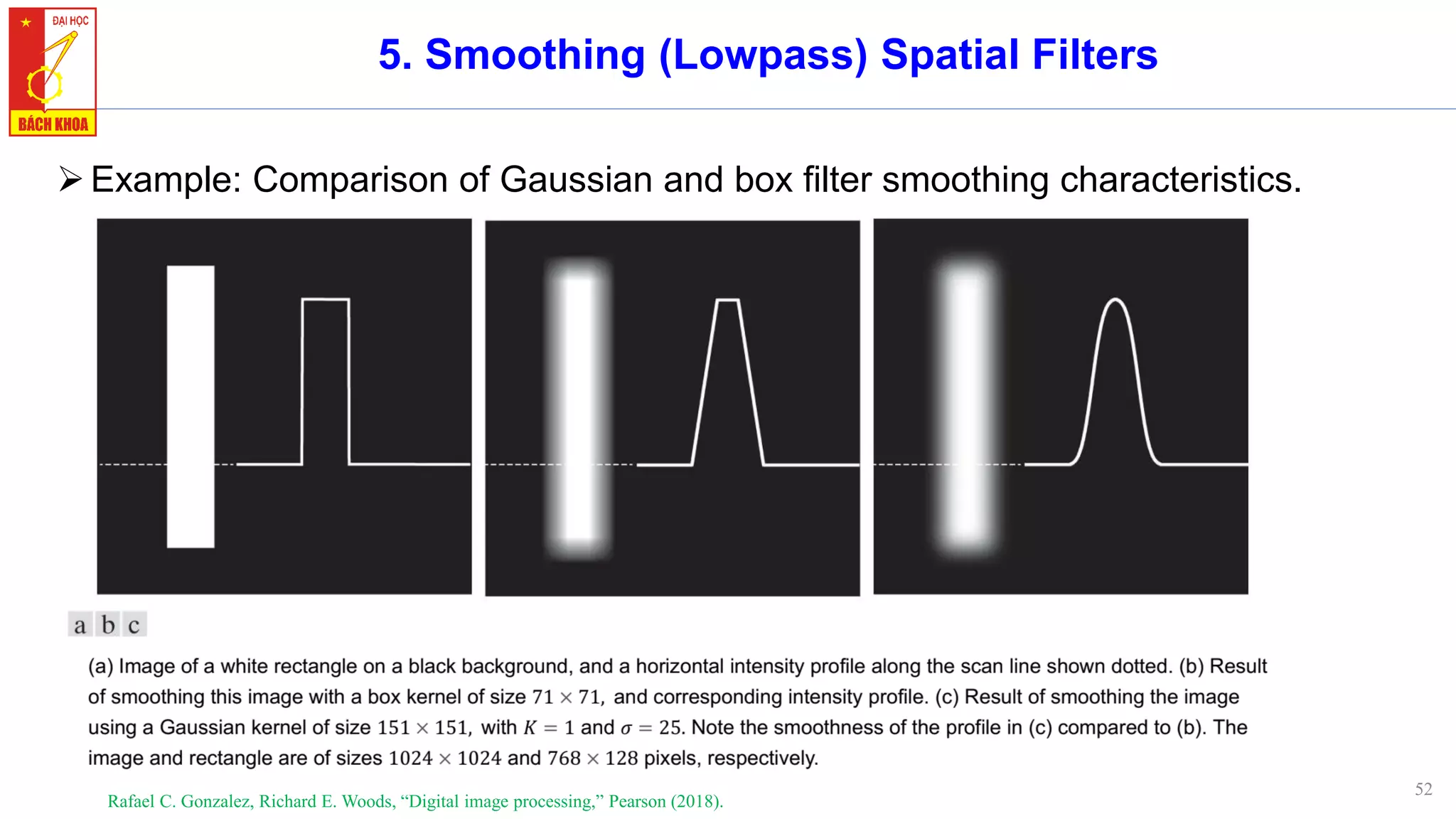 52
5. Smoothing (Lowpass) Spatial Filters
➢Example: Comparison of Gaussian and box filter smoothing characteristics.
Rafael C. Gonzalez, Richard E. Woods, “Digital image processing,” Pearson (2018).
 