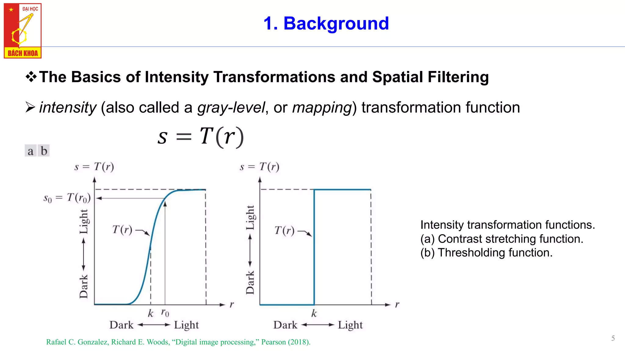 5
1. Background
❖The Basics of Intensity Transformations and Spatial Filtering
➢intensity (also called a gray-level, or mapping) transformation function
Rafael C. Gonzalez, Richard E. Woods, “Digital image processing,” Pearson (2018).
Intensity transformation functions.
(a) Contrast stretching function.
(b) Thresholding function.
 