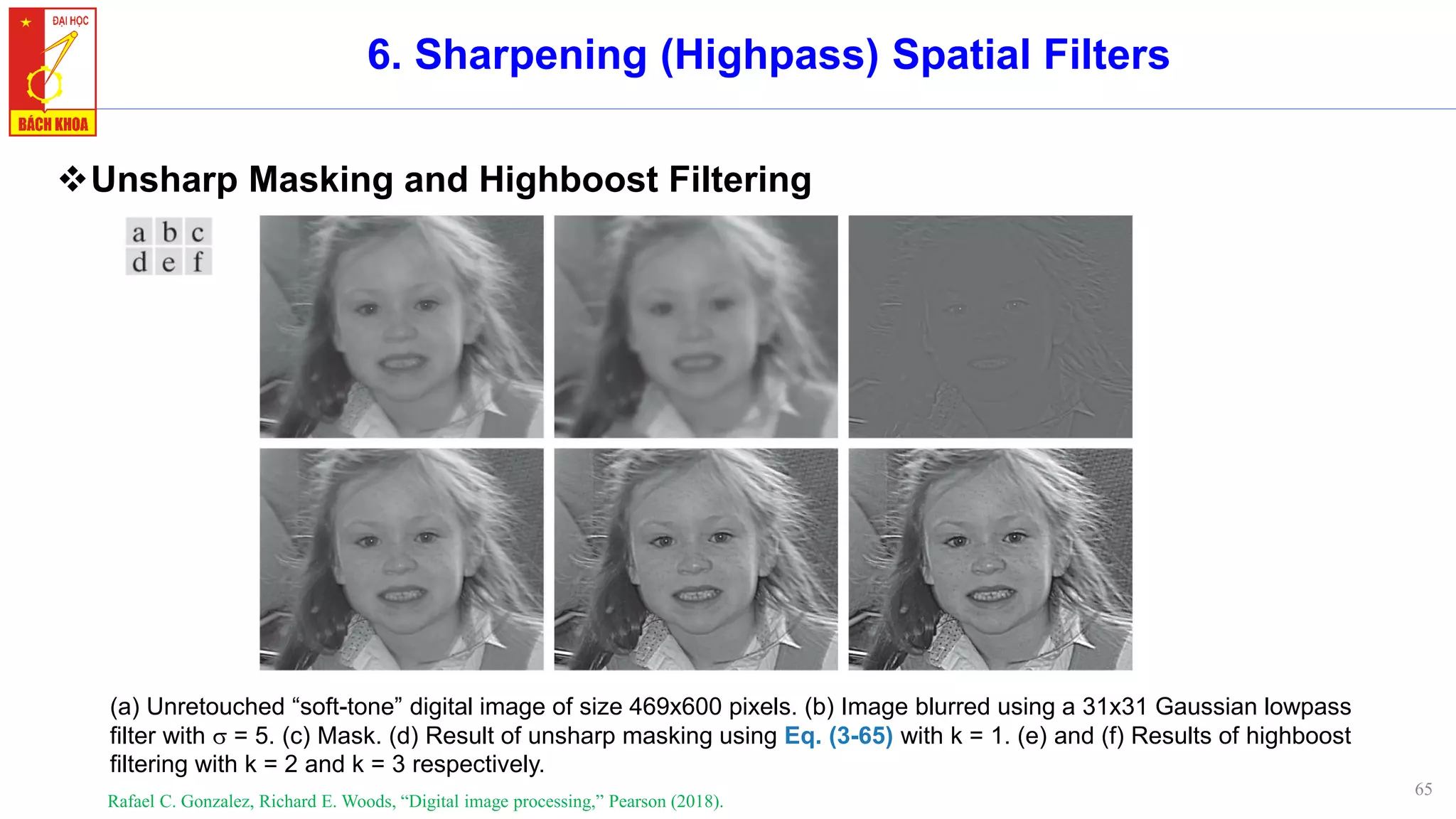 65
6. Sharpening (Highpass) Spatial Filters
❖Unsharp Masking and Highboost Filtering
Rafael C. Gonzalez, Richard E. Woods, “Digital image processing,” Pearson (2018).
(a) Unretouched “soft-tone” digital image of size 469x600 pixels. (b) Image blurred using a 31x31 Gaussian lowpass
filter with  = 5. (c) Mask. (d) Result of unsharp masking using Eq. (3-65) with k = 1. (e) and (f) Results of highboost
filtering with k = 2 and k = 3 respectively.
 