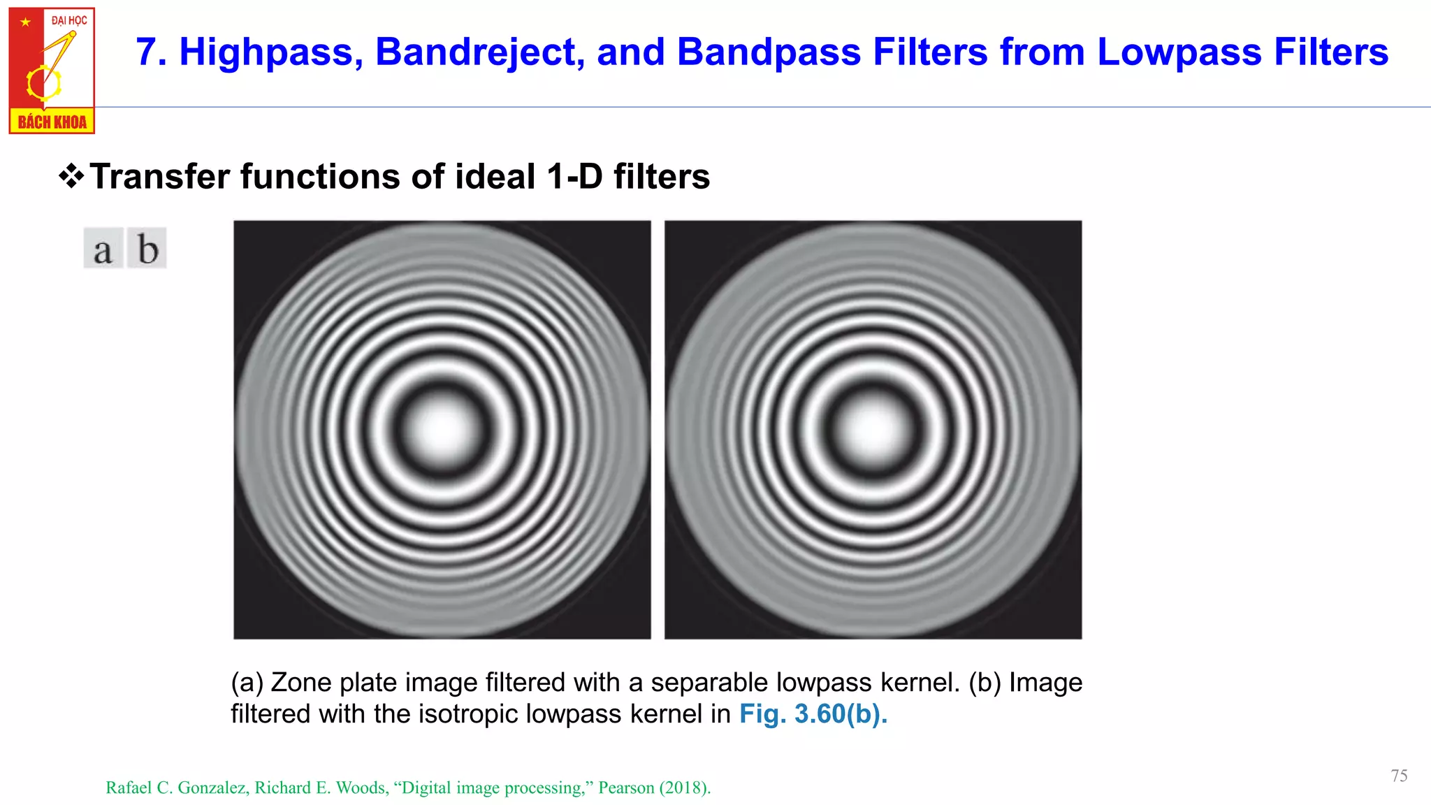 75
7. Highpass, Bandreject, and Bandpass Filters from Lowpass Filters
❖Transfer functions of ideal 1-D filters
Rafael C. Gonzalez, Richard E. Woods, “Digital image processing,” Pearson (2018).
(a) Zone plate image filtered with a separable lowpass kernel. (b) Image
filtered with the isotropic lowpass kernel in Fig. 3.60(b).
 