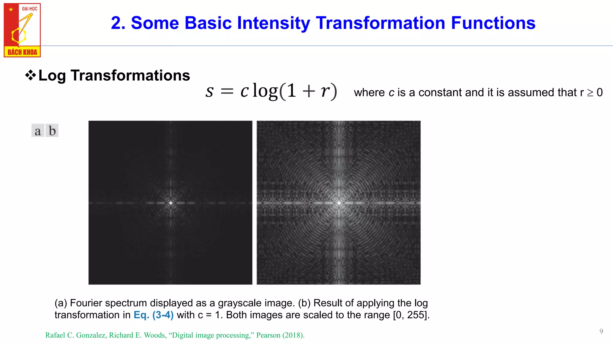 9
2. Some Basic Intensity Transformation Functions
❖Log Transformations
Rafael C. Gonzalez, Richard E. Woods, “Digital image processing,” Pearson (2018).
where c is a constant and it is assumed that r  0
(a) Fourier spectrum displayed as a grayscale image. (b) Result of applying the log
transformation in Eq. (3-4) with c = 1. Both images are scaled to the range [0, 255].
 
