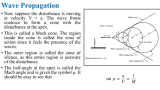 Wave Propagation
• Now suppose the disturbance is moving
at velocity V > a. The wave fronts
coalesce to form a cone with the
disturbance at the apex.
• This is called a Mach cone. The region
inside the cone is called the zone of
action since it feels the presence of the
waves.
• The outer region is called the zone of
silence, as this entire region is unaware
of the disturbance.
• The half-angle at the apex is called the
Mach angle and is given the symbol μ. It
should be easy to see that
 