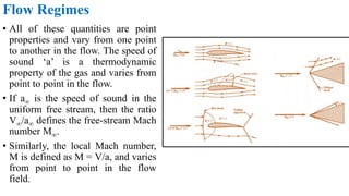 Flow Regimes
• All of these quantities are point
properties and vary from one point
to another in the flow. The speed of
sound ‘a’ is a thermodynamic
property of the gas and varies from
point to point in the flow.
• If a∞ is the speed of sound in the
uniform free stream, then the ratio
V∞/a∞ defines the free-stream Mach
number M∞.
• Similarly, the local Mach number,
M is defined as M = V/a, and varies
from point to point in the flow
field.
 