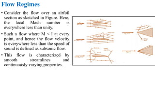 Flow Regimes
• Consider the flow over an airfoil
section as sketched in Figure. Here,
the local Mach number is
everywhere less than unity.
• Such a flow where M < I at every
point, and hence the flow velocity
is everywhere less than the speed of
sound is defined as subsonic flow.
• This flow is characterized by
smooth streamlines and
continuously varying properties.
 