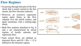 Flow Regimes
• In passing through that part of the bow
shock that is nearly normal to the free
stream, the flow becomes subsonic.
• However, an extensive supersonic
region again forms as the flow
expands over the airfoil surface, and
again terminates with a trailing-edge
shock.
• Both flow patterns sketched in Fig. b
and c are characterized by mixed
regions of locally subsonic and
supersonic flow.
• Such mixed flows are defined as
transonic flows, and 0.8 < M∞ < 1.2 is
defined as the transonic regime.
 