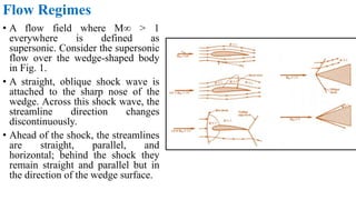 Flow Regimes
• A flow field where M∞ > 1
everywhere is defined as
supersonic. Consider the supersonic
flow over the wedge-shaped body
in Fig. 1.
• A straight, oblique shock wave is
attached to the sharp nose of the
wedge. Across this shock wave, the
streamline direction changes
discontinuously.
• Ahead of the shock, the streamlines
are straight, parallel, and
horizontal; behind the shock they
remain straight and parallel but in
the direction of the wedge surface.
 