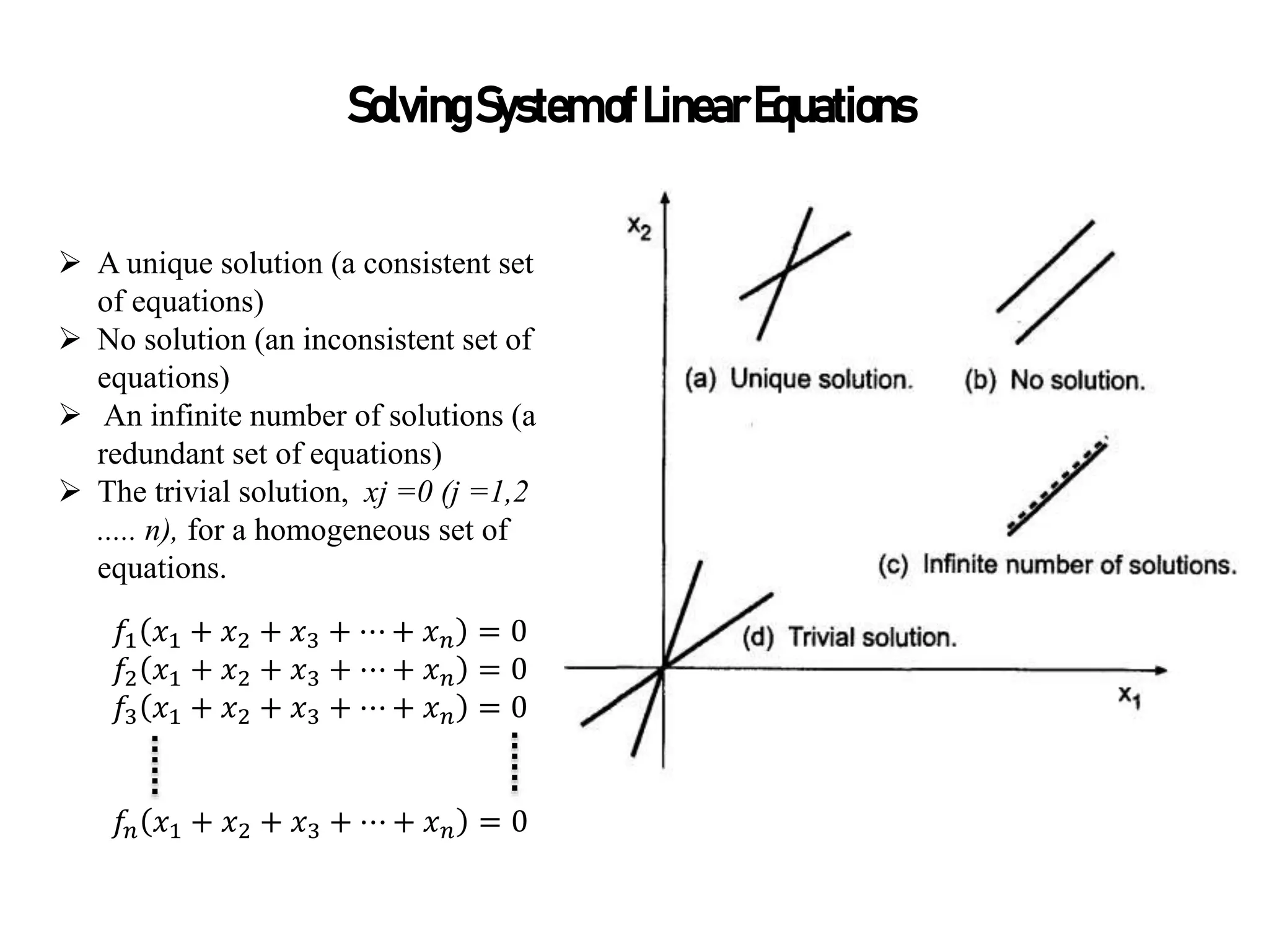 SolvingSystemofLinearEquations
 A unique solution (a consistent set
of equations)
 No solution (an inconsistent set of
equations)
 An infinite number of solutions (a
redundant set of equations)
 The trivial solution, xj =0 (j =1,2
..... n), for a homogeneous set of
equations.
𝑓1 𝑥1 + 𝑥2 + 𝑥3 + ⋯ + 𝑥𝑛 = 0
𝑓2 𝑥1 + 𝑥2 + 𝑥3 + ⋯ + 𝑥𝑛 = 0
𝑓3 𝑥1 + 𝑥2 + 𝑥3 + ⋯ + 𝑥𝑛 = 0
𝑓𝑛 𝑥1 + 𝑥2 + 𝑥3 + ⋯ + 𝑥𝑛 = 0
 