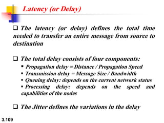 3.109
❑ The latency (or delay) defines the total time
needed to transfer an entire message from source to
destination
❑ The total delay consists of four components:
▪ Propagation delay = Distance / Propagation Speed
▪ Transmission delay = Message Size / Bandwidth
▪ Queuing delay: depends on the current network status
▪ Processing delay: depends on the speed and
capabilities of the nodes
❑ The Jitter defines the variations in the delay
Latency (or Delay)
 