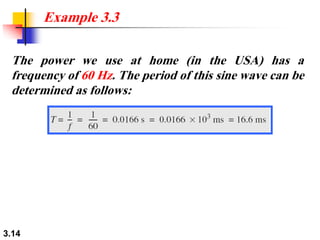 3.14
The power we use at home (in the USA) has a
frequency of 60 Hz. The period of this sine wave can be
determined as follows:
Example 3.3
 