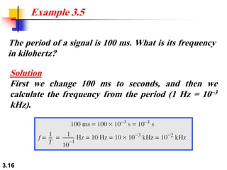 3.16
The period of a signal is 100 ms. What is its frequency
in kilohertz?
Example 3.5
Solution
First we change 100 ms to seconds, and then we
calculate the frequency from the period (1 Hz = 10−3
kHz).
 