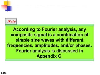 3.28
According to Fourier analysis, any
composite signal is a combination of
simple sine waves with different
frequencies, amplitudes, and/or phases.
Fourier analysis is discussed in
Appendix C.
Note
 