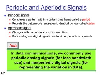 3.7
Periodic and Aperiodic Signals
◼ Periodic signal
◼ Completes a pattern within a certain time frame called a period
◼ Repeats the pattern over subsequent identical periods called cycles
◼ Aperiodic signal
◼ Changes with no patterns or cycles over time
◼ Both analog and digital signals can be either periodic or aperiodic
In data communications, we commonly use
periodic analog signals (for less bandwidth
use) and nonperiodic digital signals (for
representing the variation in data).
Note
 