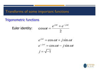 Transforms of some important functions
Trigonometric functions
Euler identity:
2
cos
t
j
t
j
e
e
t



−
+
=
cos sin
cos sin
1
j t
jwt
e t j t
e t j t
j

 
 
−
= +
= −
= −
 