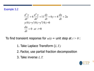 18
Example 3.2
0
0
0
0
0
0
2
4
6
11
6 2
2
3
3
at t=
dt
du
)=
(
y
)=
(
y
)=
y(
u
dt
du
y
dt
dy
dt
y
d
dt
y
d
=



+
=
+
+
+
To find transient response for u(t) = unit step at t > 0 :
1. Take Laplace Transform (L.T.)
2. Factor, use partial fraction decomposition
3. Take inverse L.T.
 
