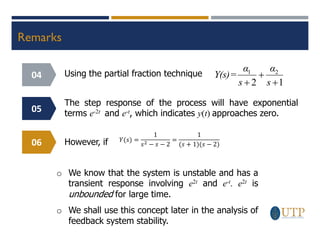 Remarks
05
06
04 Using the partial fraction technique
1
2
2
1
+
+
+ s
α
s
α
Y(s)=
The step response of the process will have exponential
terms e-2t and e-t, which indicates y(t) approaches zero.
However, if 𝑌(𝑠) =
1
𝑠2 − 𝑠 − 2
=
1
(𝑠 + 1)(𝑠 − 2)
o We know that the system is unstable and has a
transient response involving e2t and e-t. e2t is
unbounded for large time.
o We shall use this concept later in the analysis of
feedback system stability.
 