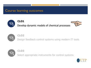 Develop dynamic models of chemical processes
Design feedback control systems using modern IT tools
CLO1
CLO2
Select appropriate instruments for control systems
CLO3
Course learning outcomes
 