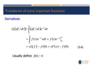 Transforms of some important functions
Derivatives
( ) ( )
)
0
(
)
(
)
0
(
]
[
)
(
)
(
]
[
0
0
0
f
s
sF
f
f
sL
e
t
f
sdt
e
t
f
dt
e
dt
df
=
dt
df
L
st
st
-st
−
=
−
=
+
= 



−
−

(3.6)
Usually define f(0) = 0
 