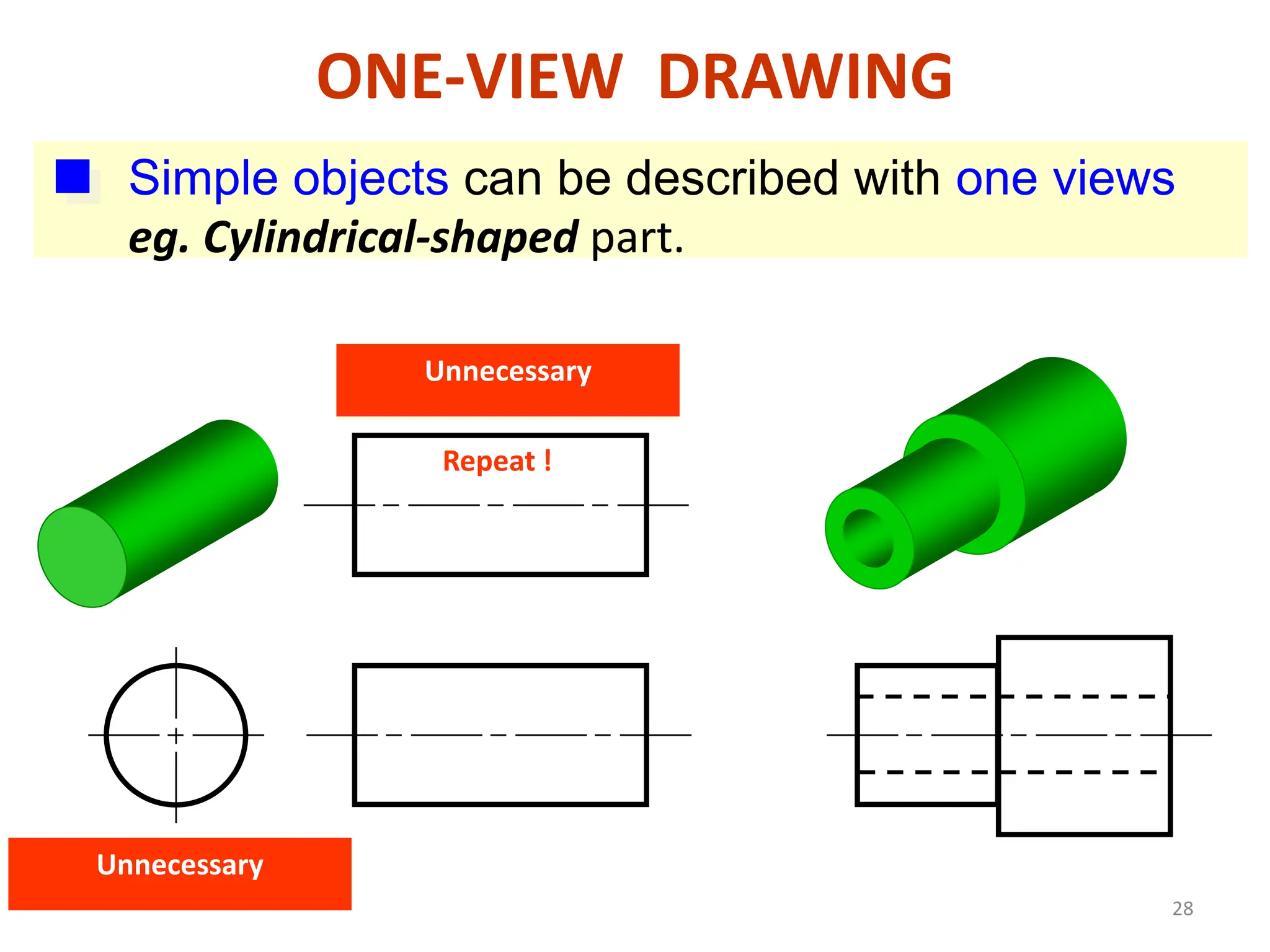ONE-VIEW DRAWING
Simple objects can be described with one views
eg. Cylindrical-shaped part.
Unnecessary
Repeat !
Unnecessary
28
 