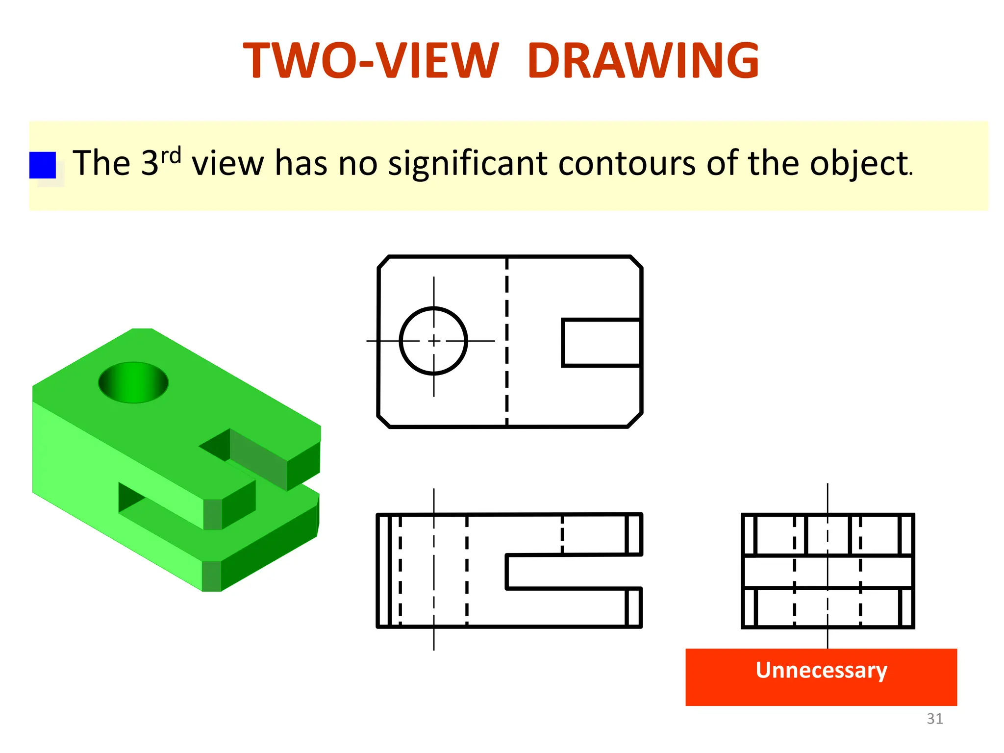 TWO-VIEW DRAWING
Unnecessary
The 3rd view has no significant contours of the object.
31
 