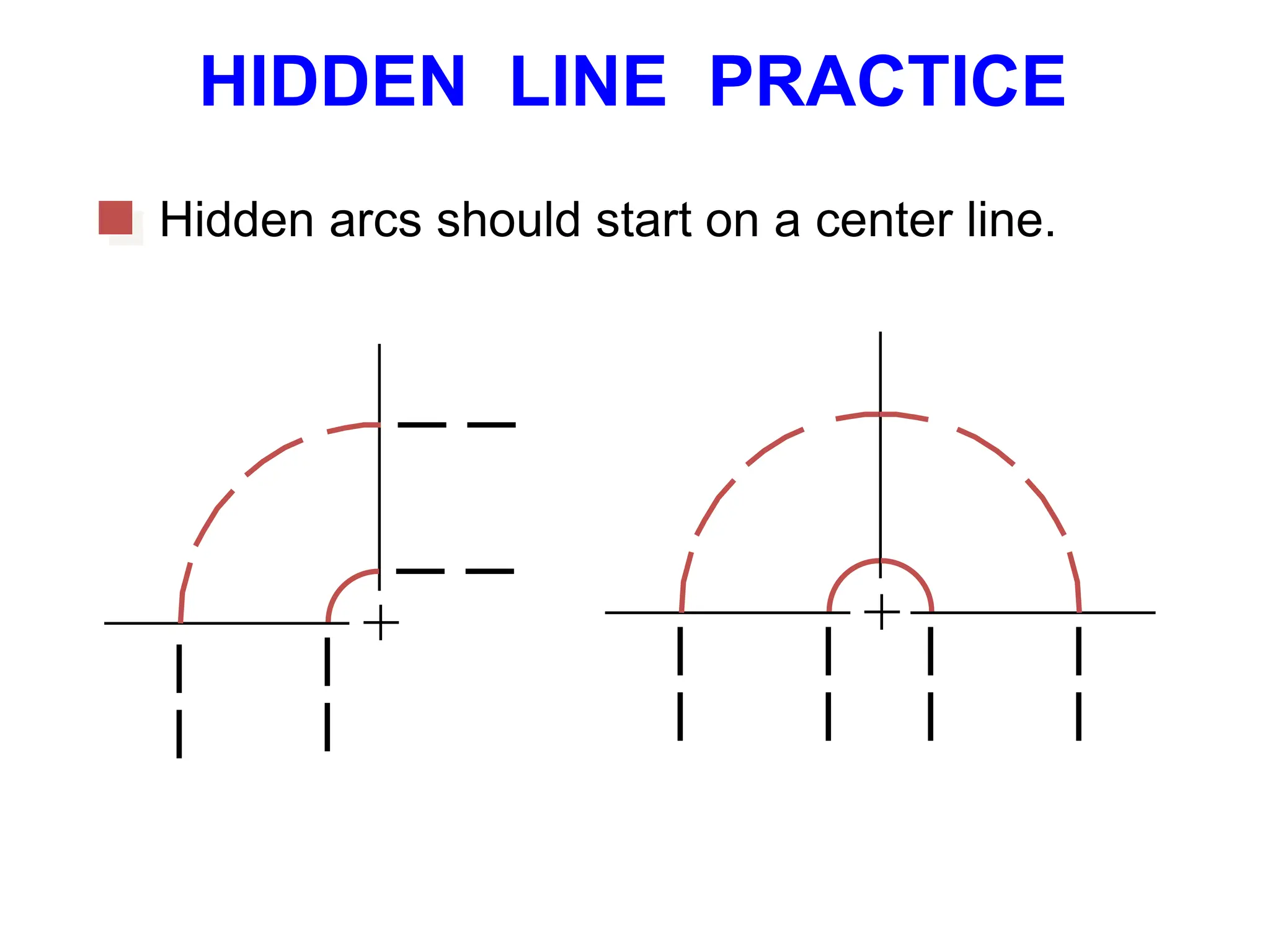Hidden arcs should start on a center line.
HIDDEN LINE PRACTICE
 