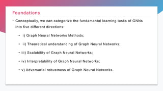 • Conceptually, we can categorize the fundamental learning tasks of GNNs
into five different directions:
• i) Graph Neural Networks Methods;
• ii) Theoretical understanding of Graph Neural Networks;
• iii) Scalability of Graph Neural Networks;
• iv) Interpretability of Graph Neural Networks;
• v) Adversarial robustness of Graph Neural Networks.
Foundations
 