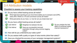 10
3.4 Attribution models
Checklist to assess your tracking capabilities
Q1. Do you have unified tracking across all media?
What high-level reporting do you have that enables you to compare cost (CPA),
value (ROI, ROAS or LTV) and conversion across all media?
What granularity do you have; i.e. how far can you break down by?
Q2. Do you have unified tracking across all media?
Last referrer
First referrer
Weighted mix between the two
Have you successfully removed
duplication through using common tagging
codes?
Do you analyse the halo
effect of combined media/
channel impressions?
Q3. How well do you understand your sales cycle?
Q4. Do you assess traffic quality on types of value events (other than sales)?
Q5. Have you checked the accuracy of your campaign management systems?
 