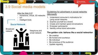 24
3.9 Social media models
Guidelines for advertisers in social networks
(Microsoft)
1. Understand consumer’s motivations for
using social networks
2. Express yourself as a brand
3. Create and maintain good conversations
4. Empower participants
5. Identify online brand advocates
The golden rule: behave like a social networker
• Be creative
• Be honest and courteous
• Be individual
• Be conscious of the audience
• Update regularly
Social Network
Broadcast
network Telephone and
email network
After the Web 2.0?
- Immersive, virtual, 3D networks
- IoT
- Intelligent bots
 