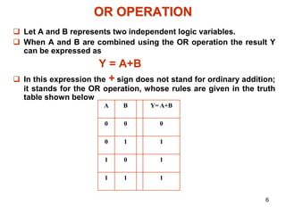 6
OR OPERATION
 Let A and B represents two independent logic variables.
 When A and B are combined using the OR operation the result Y
can be expressed as
Y = A+B
 In this expression the + sign does not stand for ordinary addition;
it stands for the OR operation, whose rules are given in the truth
table shown below
A B Y= A+B
0 0 0
0 1 1
1 0 1
1 1 1
 