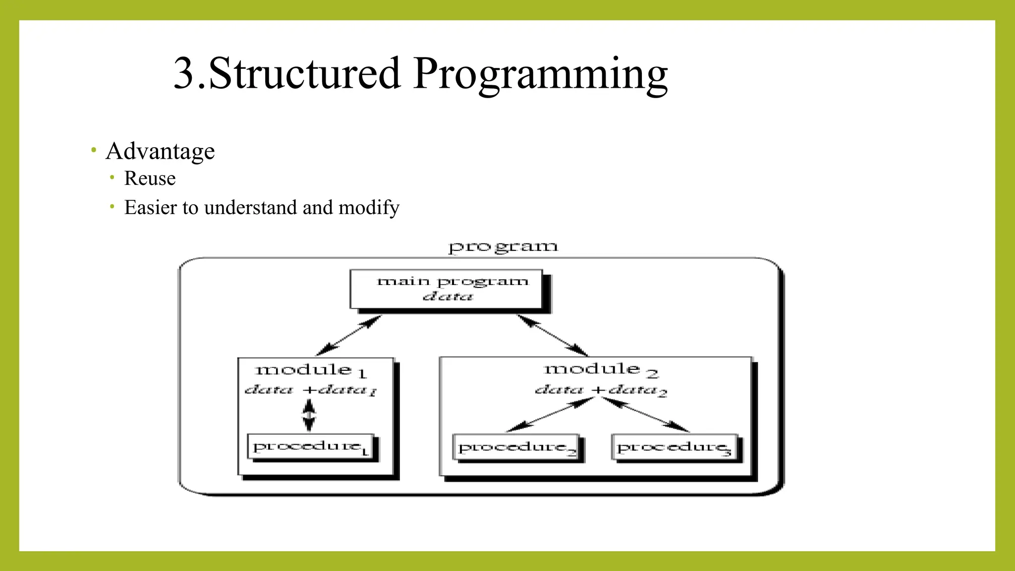 3.Structured Programming
• Advantage
• Reuse
• Easier to understand and modify
 