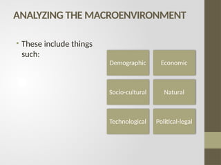 ANALYZING THE MACROENVIRONMENT
• These include things
such:
Demographic Economic
Socio-cultural Natural
Technological Political-legal
 