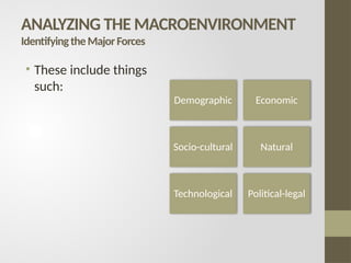 ANALYZING THE MACROENVIRONMENT
IdentifyingtheMajorForces
• These include things
such:
Demographic Economic
Socio-cultural Natural
Technological Political-legal
 