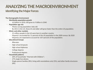 The Demographic Environment
• Worldwide population growth
• 6.8 billion in 2010; will grow to 9 billion in 2040
• Population age mix
• Mexico young population; Italy old
• By 2011 in the US, those 65 and older will grow faster than the entire US population.
• Ethnic and other markets
• 25 million people in the US were born in another country
• Hispanic’s accounted for 11 percent of the US population in the 2000 census. By 2020
Hispanics are expected to account for 18.9 percent of the population.
• Educational Groups
• Illiterates
• High school dropouts
• High school diplomas
• College degrees
• Professional degrees
• Household patterns
• 20% of households “Married with Children”;
• 27% single live-alones;
• Single-parent families (8%); living with nonrelatives only (5%); and other family structures
(8%)
ANALYZING THE MACROENVIRONMENT
IdentifyingtheMajorForces
 