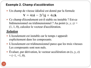 Exemple 2. Champ d'accélération
 Un champ de vitesse idéalisé est donné par la formule
 Ce champ d'écoulement est-il stable ou instable ? Est-ce
bidimensionnel ou tridimensionnel ? Au point (x, y, z) =
(1, 1, 0), calculez le vecteur d'accélération.
Solution
 L'écoulement est instable car le temps t apparaît
explicitement dans les composants.
 L'écoulement est tridimensionnel parce que les trois vitesses
Les composants sont non nuls.
 Évaluer, par dérivation, le vecteur accélération en (x, y, z)
= (−1, +1, 0).
12
 