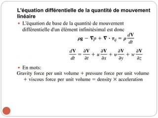 L'équation différentielle de la quantité de mouvement
linéaire
 L'équation de base de la quantité de mouvement
différentielle d'un élément infinitésimal est donc
 En mots:
 