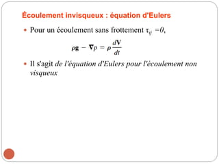 Écoulement invisqueux : équation d'Eulers
 Pour un écoulement sans frottement τij =0, 
 Il s'agit de l'équation d'Eulers pour l'écoulement non
visqueux
 