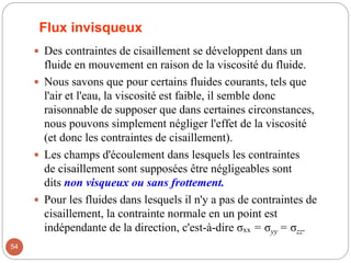 Flux invisqueux
 Des contraintes de cisaillement se développent dans un
fluide en mouvement en raison de la viscosité du fluide.
 Nous savons que pour certains fluides courants, tels que
l'air et l'eau, la viscosité est faible, il semble donc
raisonnable de supposer que dans certaines circonstances,
nous pouvons simplement négliger l'effet de la viscosité
(et donc les contraintes de cisaillement).
 Les champs d'écoulement dans lesquels les contraintes
de cisaillement sont supposées être négligeables sont
dits non visqueux ou sans frottement.
 Pour les fluides dans lesquels il n'y a pas de contraintes de
cisaillement, la contrainte normale en un point est
indépendante de la direction, c'est-à-dire σxx = σyy = σzz.
54
 