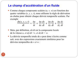 Le champ d'accélération d'un fluide
 Comme chaque composante scalaire (u, v, w) est fonction des
quatre variables (x, y, z, t), nous utilisons la règle de dérivation
en chaîne pour obtenir chaque dérivée temporelle scalaire. Par
exemple
 Mais, par définition, dx/dt est la composante locale
de la vitesse u, et dy/dt =v, et dz/dt = w.
 La dérivée temporelle totale de u peut donc s'écrire comme
suit, avec des expressions exactement similaires pour les
dérivées temporelles de v et w :
6
 