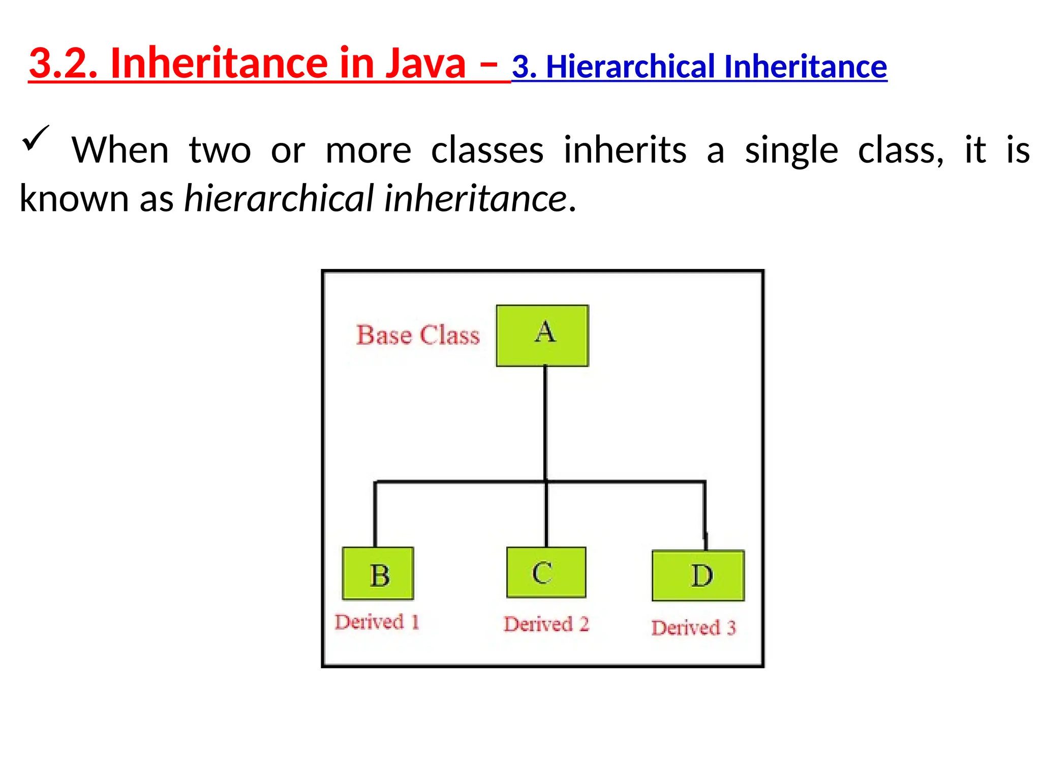 3.2. Inheritance in Java – 3. Hierarchical Inheritance  When two or more classes inherits a single class, it is known as hierarchical inheritance. 