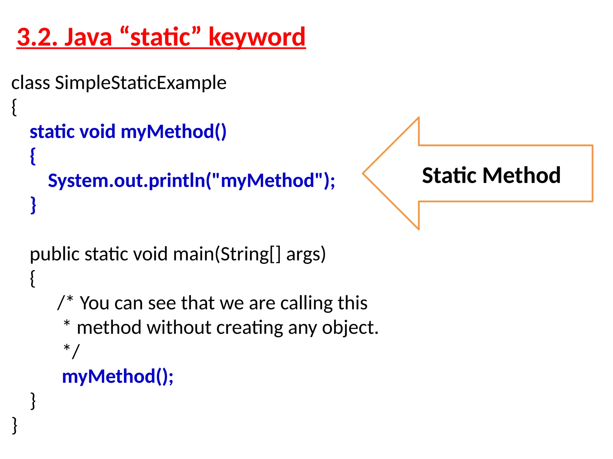 3.2. Java “static” keyword class SimpleStaticExample { static void myMethod() { System.out.println("myMethod"); } public static void main(String[] args) { /* You can see that we are calling this * method without creating any object. */ myMethod(); } } Static Method 