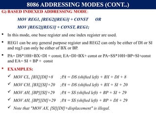 8086 ADDRESSING MODES (CONT..)
G) BASED INDEXED ADDRESSING MODE:
MOV REG1, [REG2][REG3] + CONST OR
MOV [REG2][REG3] + CONST, REG1;
 In this mode, one base register and one index register are used.
 REG1 can be any general purpose register and REG2 can only be either of DI or SI
and reg3 can only be either of BX or BP.
 PA= DS*10H+BX+DI + const; EA=DI+BX+ const or PA=SS*10H+BP+SI+const
and EA= SI + BP + const
 EXAMPLES:
 MOV CL, [BX][DI]+8 ;PA = DS (shifted left) + BX + DI + 8
 MOV CH, [BX][SI]+20 ;PA = DS (shifted left) + BX + SI + 20
 MOV AH, [BP][SI]+29 ;PA = SS (shifted left) + BP + SI + 29
 MOV AH, [BP][DI]+29 ;PA = SS (shifted left) + BP + DI + 29
 Note that "MOV AX, [SI][DI]+displacement" is illegal.
 