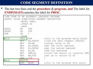 CODE SEGMENT DEFINITION
 The last two lines end the procedure & program, and The label for
ENDP(MAIN) matches the label for PROC.
 