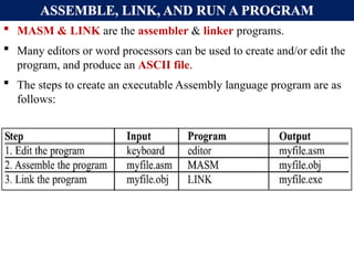 ASSEMBLE, LINK, AND RUN A PROGRAM
 MASM & LINK are the assembler & linker programs.
 Many editors or word processors can be used to create and/or edit the
program, and produce an ASCII file.
 The steps to create an executable Assembly language program are as
follows:
 
