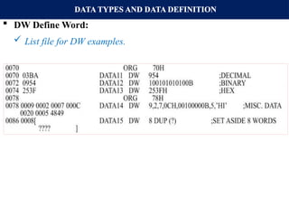 DATA TYPES AND DATA DEFINITION
 DW Define Word:
 List file for DW examples.
 