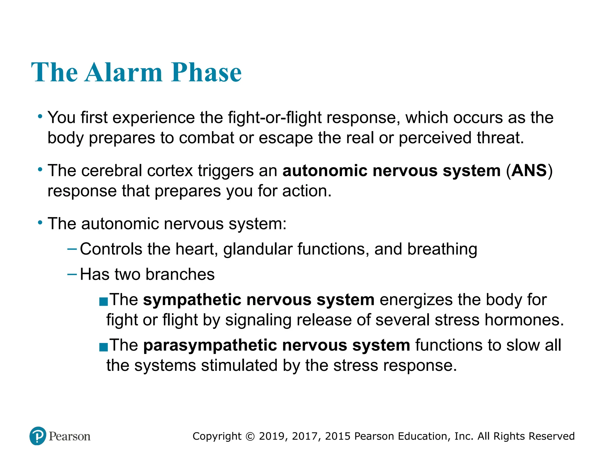 Copyright © 2019, 2017, 2015 Pearson Education, Inc. All Rights Reserved
The Alarm Phase
• You first experience the fight-or-flight response, which occurs as the
body prepares to combat or escape the real or perceived threat.
• The cerebral cortex triggers an autonomic nervous system (ANS)
response that prepares you for action.
• The autonomic nervous system:
– Controls the heart, glandular functions, and breathing
– Has two branches
▪The sympathetic nervous system energizes the body for
fight or flight by signaling release of several stress hormones.
▪The parasympathetic nervous system functions to slow all
the systems stimulated by the stress response.
 