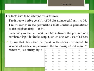 04/04/2025
3/2/2018
The tables are to be interpreted as follows.
• The input to a table consists of 64 bits numbered from 1 to 64.
• The 64 entries in the permutation table contain a permutation
of the numbers from 1 to 64.
• Each entry in the permutation table indicates the position of a
numbered input bit in the output, which also consists of 64 bits.
 To see that these two permutation functions are indeed the
inverse of each other, consider the following 64-bit input M,
where Mi is a binary digit:
 