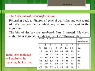 04/04/2025
3/2/2018
2) The Key Generation/Transformation
• Returning back to Figures of general depiction and one round
of DES, we see that a 64-bit key is used as input to the
algorithm.
• The bits of the key are numbered from 1 through 64; every
eighth bit is ignored, as indicated in the following table.
Table: Bits included
and excluded in
reducing the key size
 