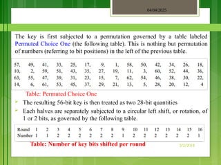 04/04/2025
3/2/2018
The key is first subjected to a permutation governed by a table labeled
Permuted Choice One (the following table). This is nothing but permutation
of numbers (referring to bit positions) in the left of the previous table.
Table: Permuted Choice One
 The resulting 56-bit key is then treated as two 28-bit quantities
 Each halves are separately subjected to a circular left shift, or rotation, of
1 or 2 bits, as governed by the following table.
Table: Number of key bits shifted per round
 
