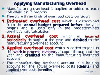 Applying Manufacturing Overhead
Applying Manufacturing Overhead
Manufacturing overhead is applied or added to each
job while it is in process.
There are three kinds of overhead costs consider:
1.
1. Estimated overhead cost
Estimated overhead cost which is determined
from the annual budget prepared before
annual budget prepared before the year
begins and is used only in the predetermined
overhead rate calculation
2.
2. Actual overhead cost
Actual overhead cost which is incurred
incurred
periodically
periodically throughout the year and debited
debited to the
manufacturing overhead account
3.
3. Applied overhead cost
Applied overhead cost which is added to jobs in
the work-in-process inventor
work-in-process inventory account throughout the
year and credited
credited to the manufacturing overhead
account
o The manufacturing overhead account is a holding
account for the actual overhead costs (debits
debits) and
applied over costs (credits
credits). 04/06/25
By Megersa H. 2023 17
 