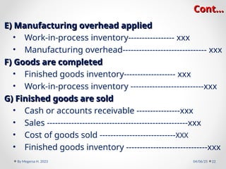 Cont…
Cont…
E) Manufacturing overhead applied
E) Manufacturing overhead applied
• Work-in-process inventory----------------- xxx
• Manufacturing overhead------------------------------- xxx
F) Goods are completed
F) Goods are completed
• Finished goods inventory------------------- xxx
• Work-in-process inventory ---------------------------xxx
G) Finished goods are sold
G) Finished goods are sold
• Cash or accounts receivable ----------------xxx
• Sales ----------------------------------------------------xxx
• Cost of goods sold ----------------------------XXX
• Finished goods inventory ------------------------------xxx
04/06/25
By Megersa H. 2023 22
 